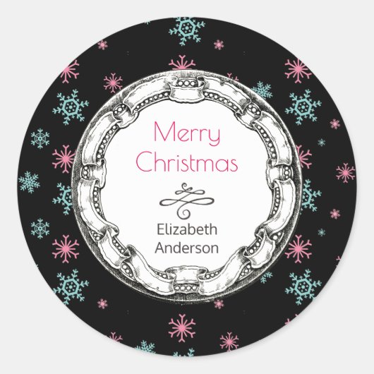 cirkel met sneeuwvlokken, prettig kerstfeest ronde sticker (Voorkant)