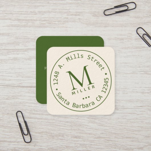 Cirkel Monogram groen afgeronde rand Vierkante Visitekaartje (Voorkant / Achterkant in situ)