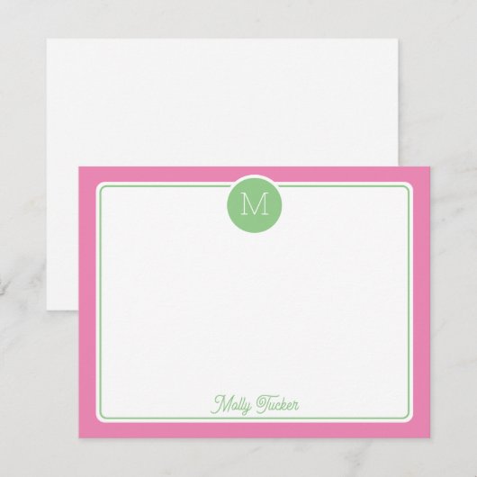 Cirkel Monogram Initiaal Preppy Roze Groen Notitiekaartje (Voorkant / Achterkant)