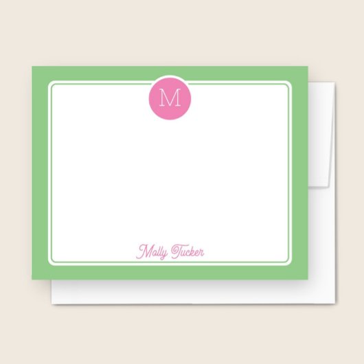 Cirkel Monogram Preppy roze & groen Notitiekaartje