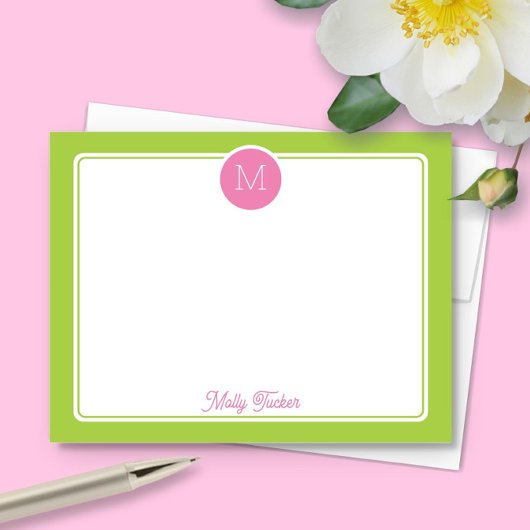 Cirkel Monogram Preppy Roze & Limoengroen Notitiekaartje