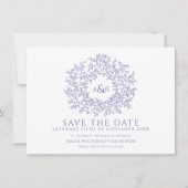 Cirkel van bladeren blauw paarse witte foto bruilo save the date (Voorkant)