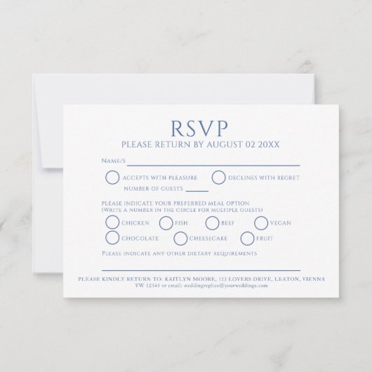 Cirkel van bladeren blauw wit maaltijd optie bruil RSVP kaartje (Achterkant)