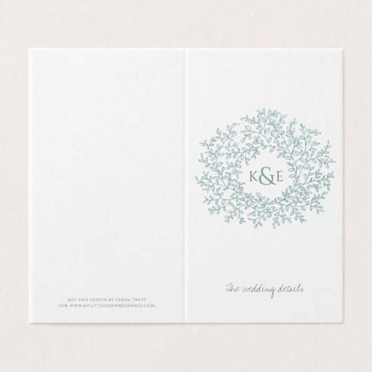 Cirkel van bladeren, groene trouwkaart en details kaart (Buitenkant ongevouwen)