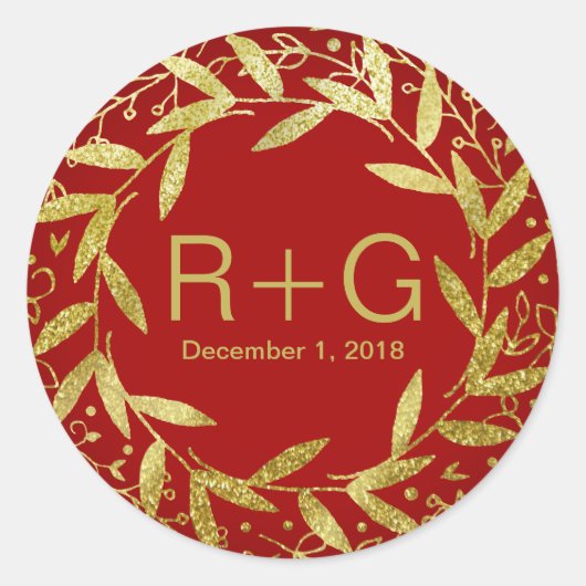 Cirkel van bladeren krans gouden glitter | rood ronde sticker (Voorkant)