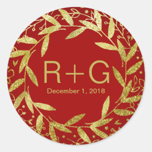 Cirkel van bladeren krans gouden glitter   rood ronde sticker