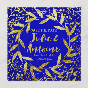 Cirkel van bladeren met een goudglitter   kobalt save the date