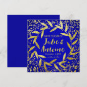 Cirkel van bladeren met een goudglitter | kobalt save the date (Voorkant / Achterkant)