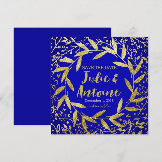 Cirkel van bladeren met een goudglitter | kobalt save the date (Voorkant / Achterkant)
