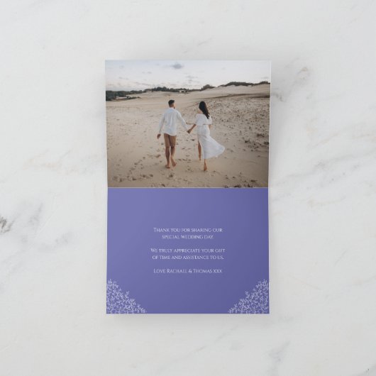 Cirkel van bladeren monogram blauw bruiloft foto's bedankkaart (Binnen)