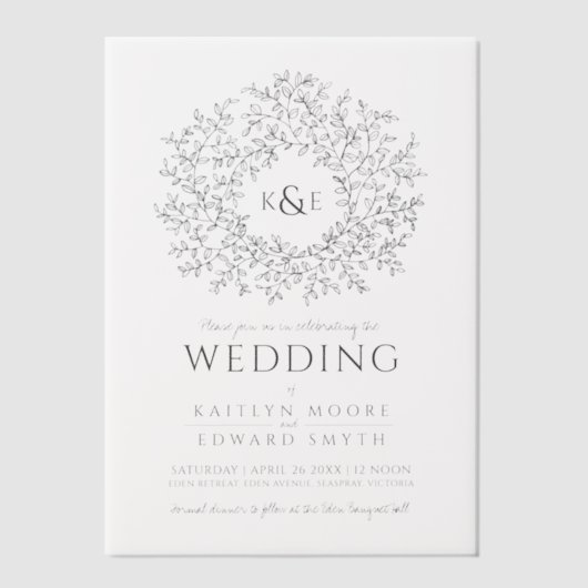 Cirkel van bladeren monogram bruiloft vellum uitnodigingen (Voorkant)