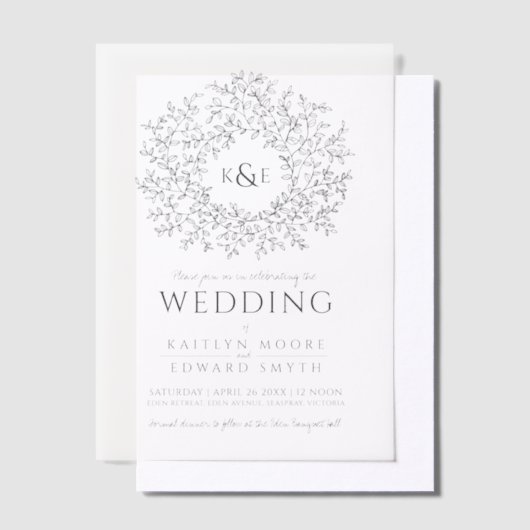 Cirkel van bladeren monogram bruiloft vellum uitnodigingen (Offset)