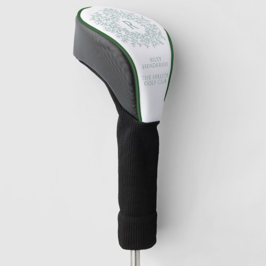Cirkel van bladeren monogram naam en clubsage groe golfheadcover (Schuin)