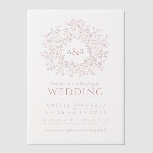 Cirkel van bladeren monogram roze bruiloft vellum uitnodigingen (Voorkant)