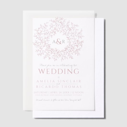 Cirkel van bladeren monogram roze bruiloft vellum uitnodigingen (Offset)