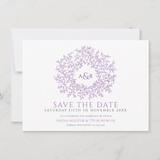 Cirkel van bladeren paarse grijs wit foto bruiloft save the date (Voorkant)