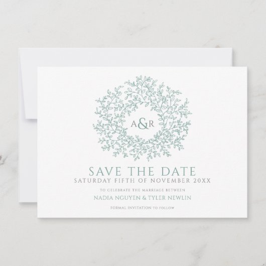 Cirkel van bladeren salie groene foto bruiloft save the date (Voorkant)