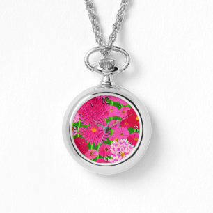 Cirkel van bloemen, Fuchsia Pink Chrysanthemums Horloge