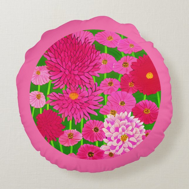 Cirkel van bloemen, Fuchsia Pink Chrysanthemums Rond Kussen (Achterkant)