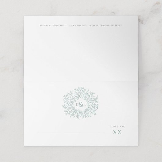 Cirkel van groene bladeren tekenmonogram bruiloft plaatskaartje (Buitenkant ongevouwen)
