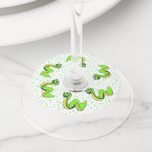 Cirkel van Neon Green Smiling Snakes op Polka Dots Wijnglaslabel
