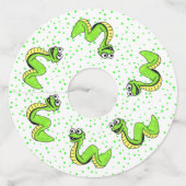 Cirkel van Neon Green Smiling Snakes op Polka Dots Wijnglaslabel (Voorkant)