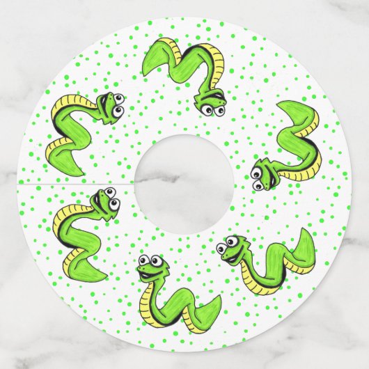 Cirkel van Neon Green Smiling Snakes op Polka Dots Wijnglaslabel (Voorkant)