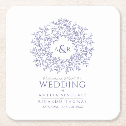 Cirkelbladtekenmonogram bruiloft zeer peri  kartonnen onderzetters (Voorkant)