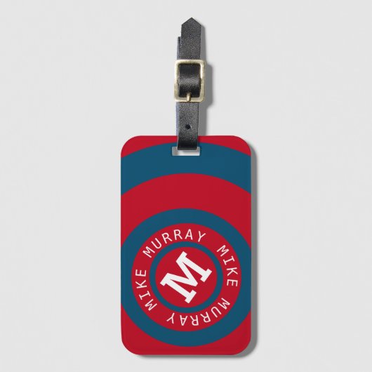 Cirkelmonogram modern rood&blauw bagagelabel (Voorkant (verticaal))