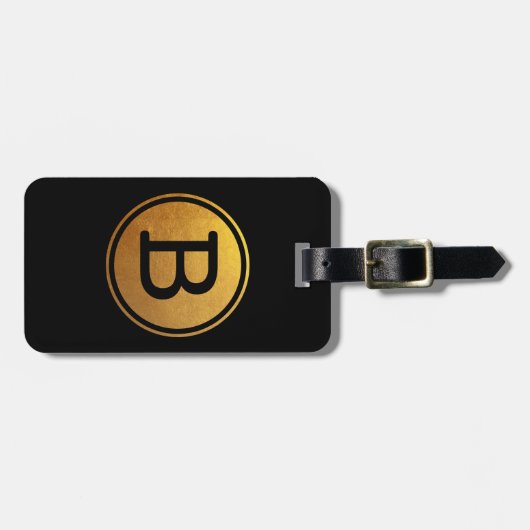 Cirkelmonogram zwart en goudolie-effect bagagelabel (Voorkant horizontaal)