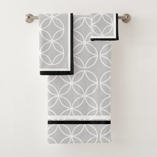 Cirkels bloemblaadjes diamanten zwart grijs wit bad handdoek (Insitu)