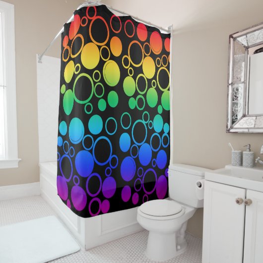 Cirkels, Bubbels, Regenboogkleuren, zwarte achterg Douchegordijn (In situ)