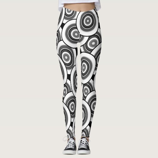Cirkels en ringen geometrisch zwart-wit patroon leggings (Voorkant)