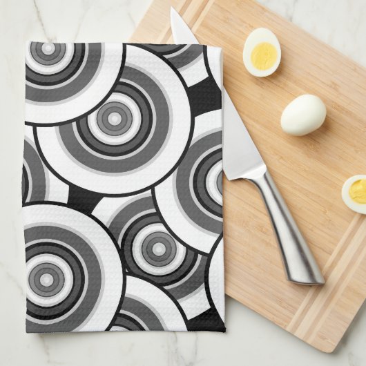 Cirkels en ringen geometrisch zwart-wit patroon theedoek (Quarter Fold)