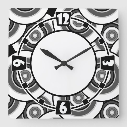Cirkels en ringen geometrisch zwart-wit patroon vierkante klok (Voorkant)
