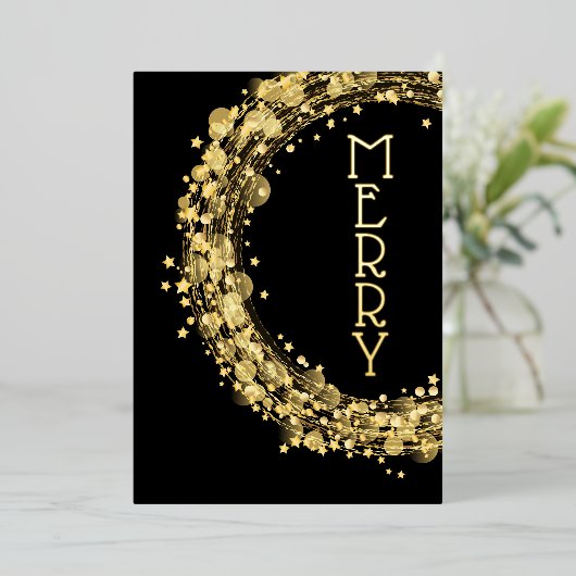 Cirkels en sterren op zwarte kerstgoud folie uitnodiging (Staand Voorkant)