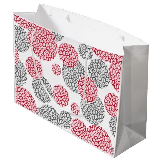 Cirkels met grijze en rode luipaardhuidsprint groot cadeauzakje (Achterkant Gekanteld)