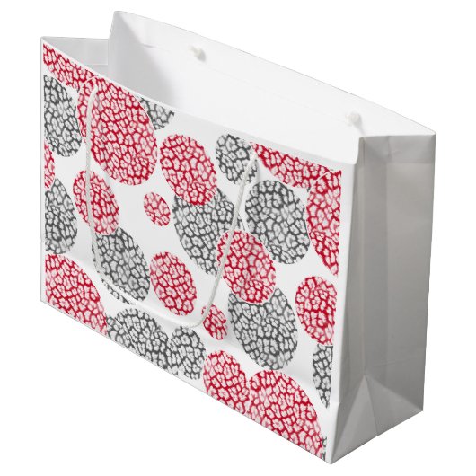 Cirkels met grijze en rode luipaardhuidsprint groot cadeauzakje (Voorkant Gekanteld)