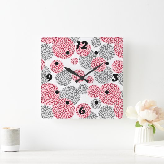 Cirkels met grijze en rode luipaardhuidsprint vierkante klok (Huis)