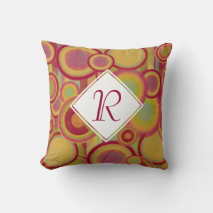 Cirkels & Strepen, Rode, Gele & Groene Monogram Kussen