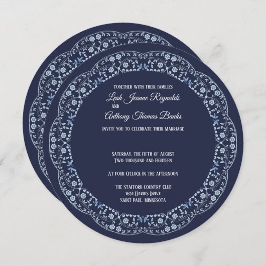 Cirkeluitnodiging van Navy Blue Mandala Feestdagenkaart (Voorkant / Achterkant)