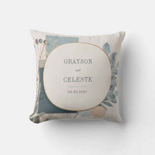 Cirkelvormig gouden frame stoffig blauwe botanisch kussen