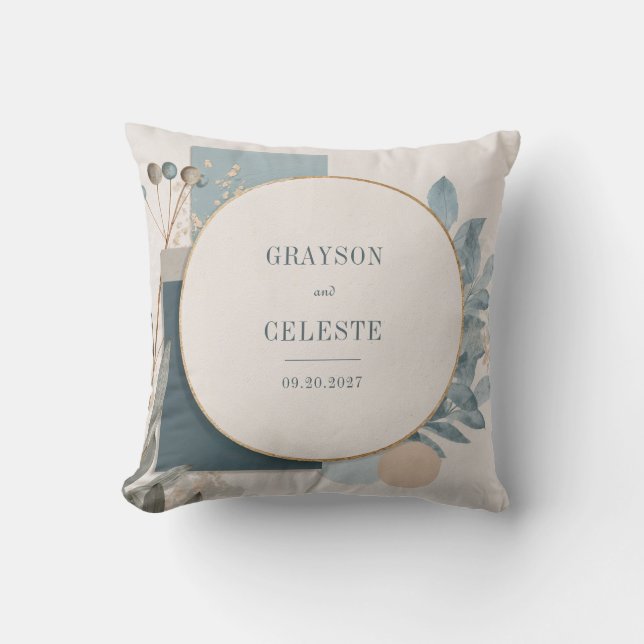 Cirkelvormig gouden frame stoffig blauwe botanisch kussen (Voorkant)