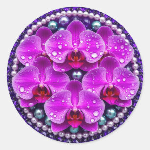 Cirkelvormige paarse orchidee bloemschikking ronde sticker