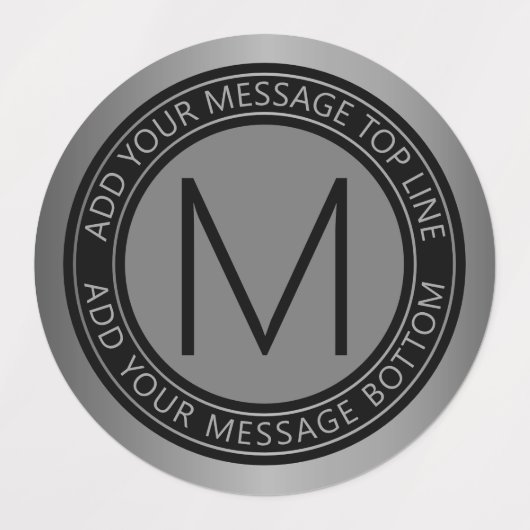 Cirkelvormige tekst & monogram | Donker Faux zilve Labels (Design 1)