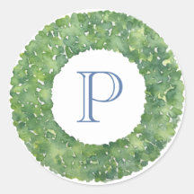 Cirkelvormige wintergroen krans monogram blauw