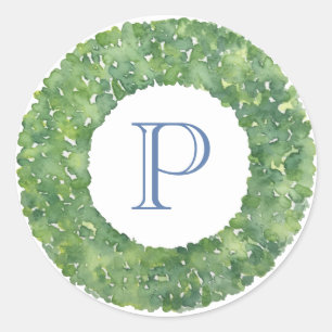 Cirkelvormige wintergroen krans monogram blauw ronde sticker