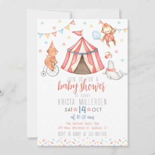 Cirkusdieren Geslacht Neutrale Baby Shower Uitnodi Kaart (Voorkant)