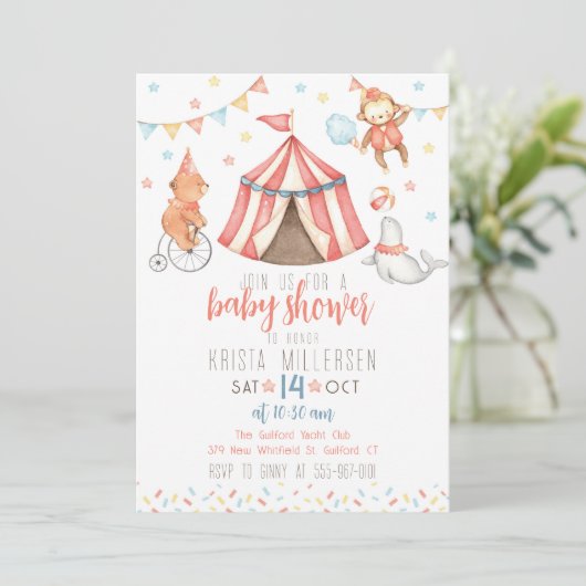 Cirkusdieren Geslacht Neutrale Baby Shower Uitnodi Kaart (Staand voorkant)