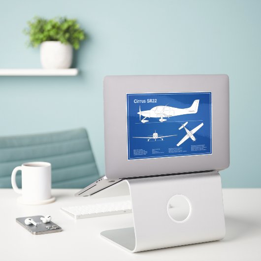 Cirrus SR22 - Vliegtuigblauwdruk Tekenplannen ABD Sticker (Laptop op bureau)